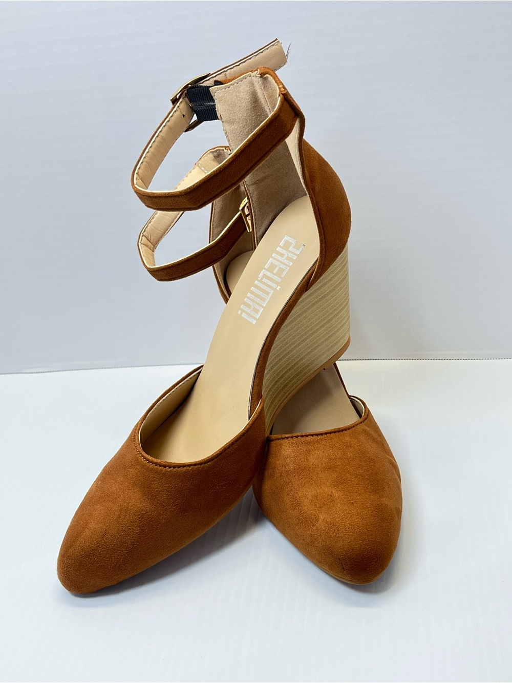 Tan Suede-Like Ankle-Strap Wedge Heels